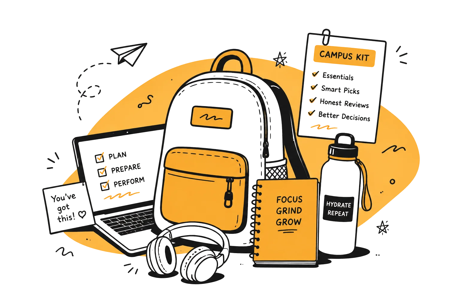 A laptop, backpack, phone, headphones and notebook — the essentials a Campus Kit covers